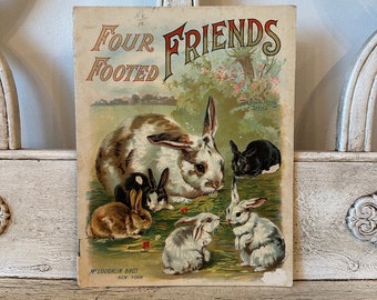 Antique Children's Book - 1890s McLoughlin Bros.- Beautiful Illustrations - Four Footed Friends