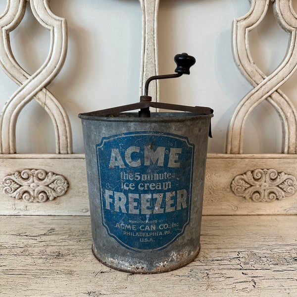 Vintage Acme Ice Cream Maker - Small, Galvanized Ice Cream Churn - Rustic, Farmhouse Decor