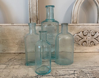 4 Antique Bottles - Vintage Aqua Apothecary Bottles - Instant Collection - Great for Weddings