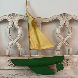 Vintage Toy Boat - Wood and Metal with Fabric Sail - Cabin Lake House Decor