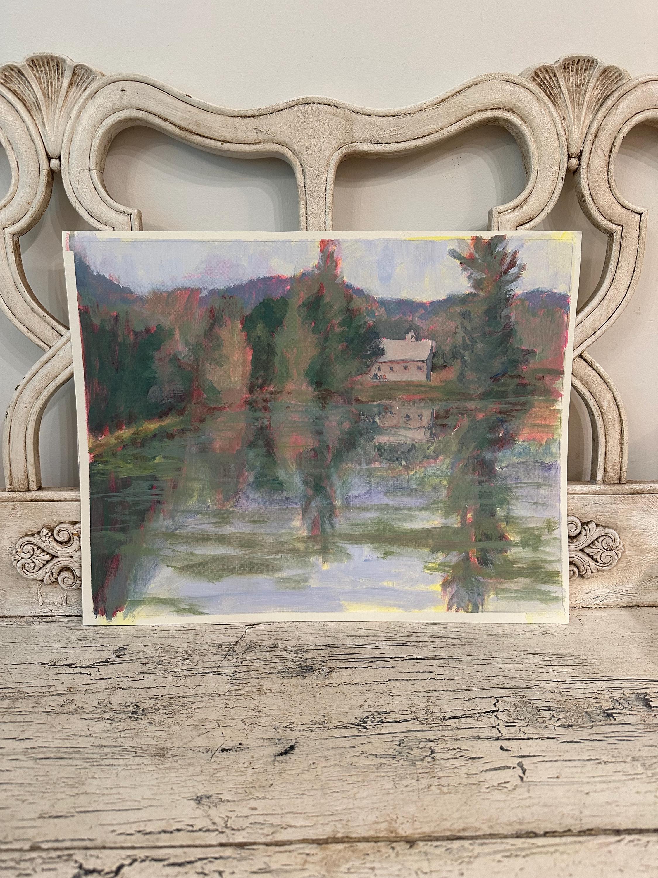 Vintage Oil Painting on Unstretched Canvas - Barn with Lake - Soft Pastel Colors - Lightly Distressed