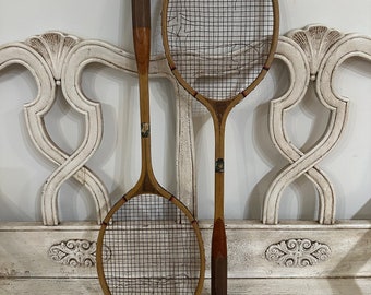 2 Vintage Wooden Badminton Rackets - Set of Two Rustic Rackets