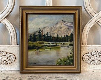 Vintage Oil Painting - Fisherman in River -  Beautiful, Framed Folk Art Painting - Signed