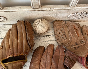 Pile of Vintage Leather Baseball Gloves  - Rustic Decor - Child's Room, Game Room, She Shed, Man Cave Decor
