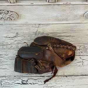 Antique Leather Baseball Glove or Catchers Mitt  - Rustic Decor - Game Room, Man Cave Decor