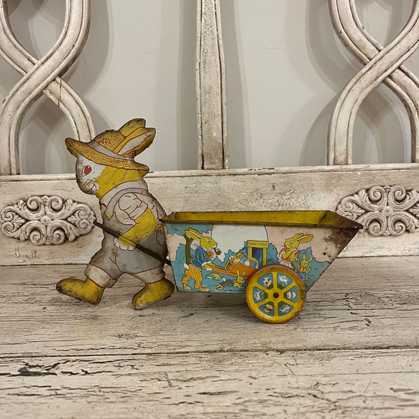 Vintage Tin Toy - Rabbit with Cart - Rabbit Roost - 1960s Litho J. Chein - Vintage Nursery, Play Room, Easter Decor