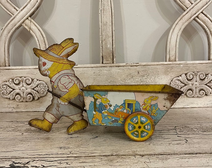 Vintage Child Riding Rabbit Vintage Tin Toy - Rabbit With Cart - Rabbit Roost - 1960s Litho J ...