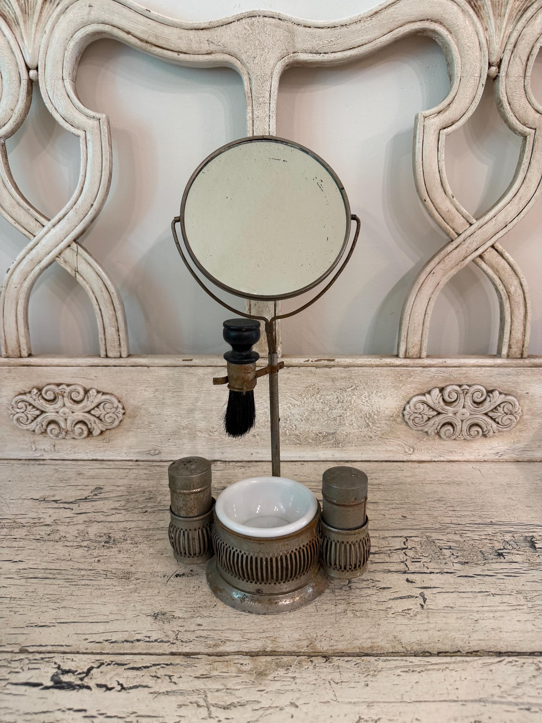 Vintage Shaving Mirror Stand with Brush, Milk Glass Cup & Blade Bank - Art Deco Vanity Grooming Set