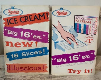 Set of Two Vintage Grocery Store Advertising Posters - Knudsen Bros. Ice Cream Signs - Advertising Sign - Authentic