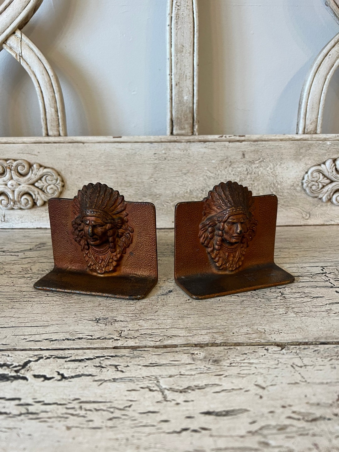 Vintage Indian Bookends Rustic Metal Book Ends Indian Heads Etsy