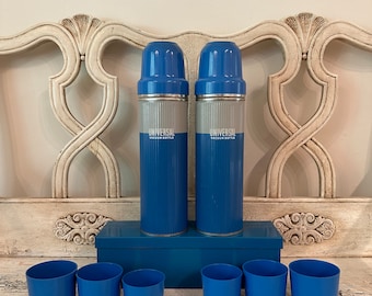 Vintage Picnic Set - Universal Blue and White Thermoses with Cups and Sandwich Box - Retro Outing Set
