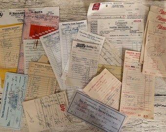 Vintage 1940s Receipt Lot - 24 Authentic Business Receipts: Beer, Fish, Bakery, Soda, Dairy - Great for Collage, Junk Journal, Drink Tickets