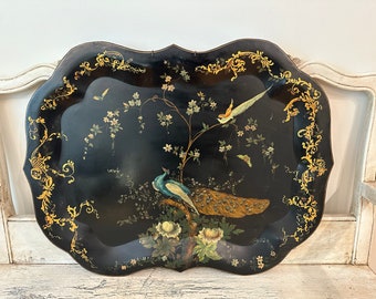 Large, Vintage Tole Tray - Incredible Peacock Design - Mid Century, Aged, Black Patina - Beautiful