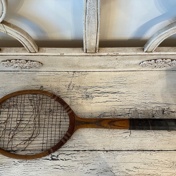 Vintage Wooden Tennis Racket - Distressed, Rustic Racket for Decor