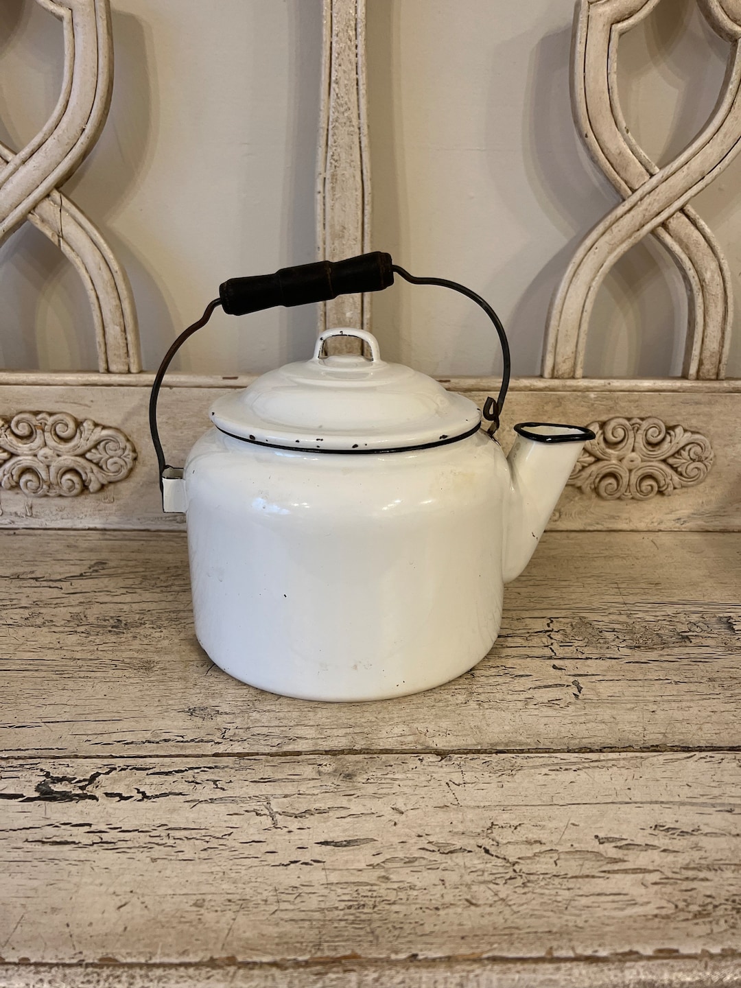 Antique White Enamel Teapot Large Farmhouse Tea Kettle Early 1900s Etsy