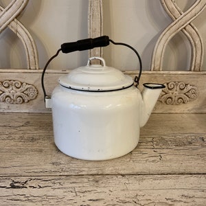 Antique White Enamel Teapot - Large Farmhouse Tea Kettle - Early 1900s
