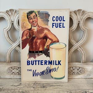 Cartel publicitario de tienda de comestibles vintage: suero de leche, letrero publicitario, auténtico