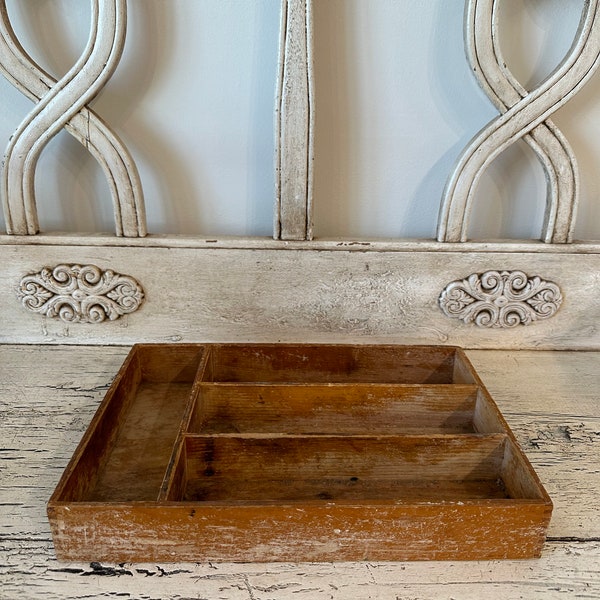 Vintage Divided Wooden Tray - Rustic Wood Catchall for Organization or Storage - Flatware Silverware Holder