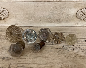 Vintage Glass Drawer Pulls, Drawer Knobs - Set of 7, Authentic, Vintage, Small Glass Drawer Pulls