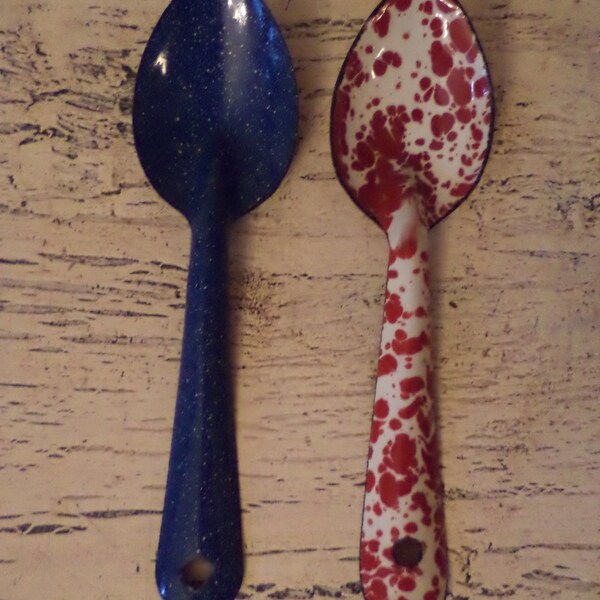 Pair of Vintage Enamel Speckled Spoons - Spatterware Camp Spoons