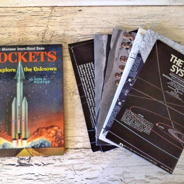 Vintage Collection of Space Travel Book and Maps - Solar System Maps, Rocket book
