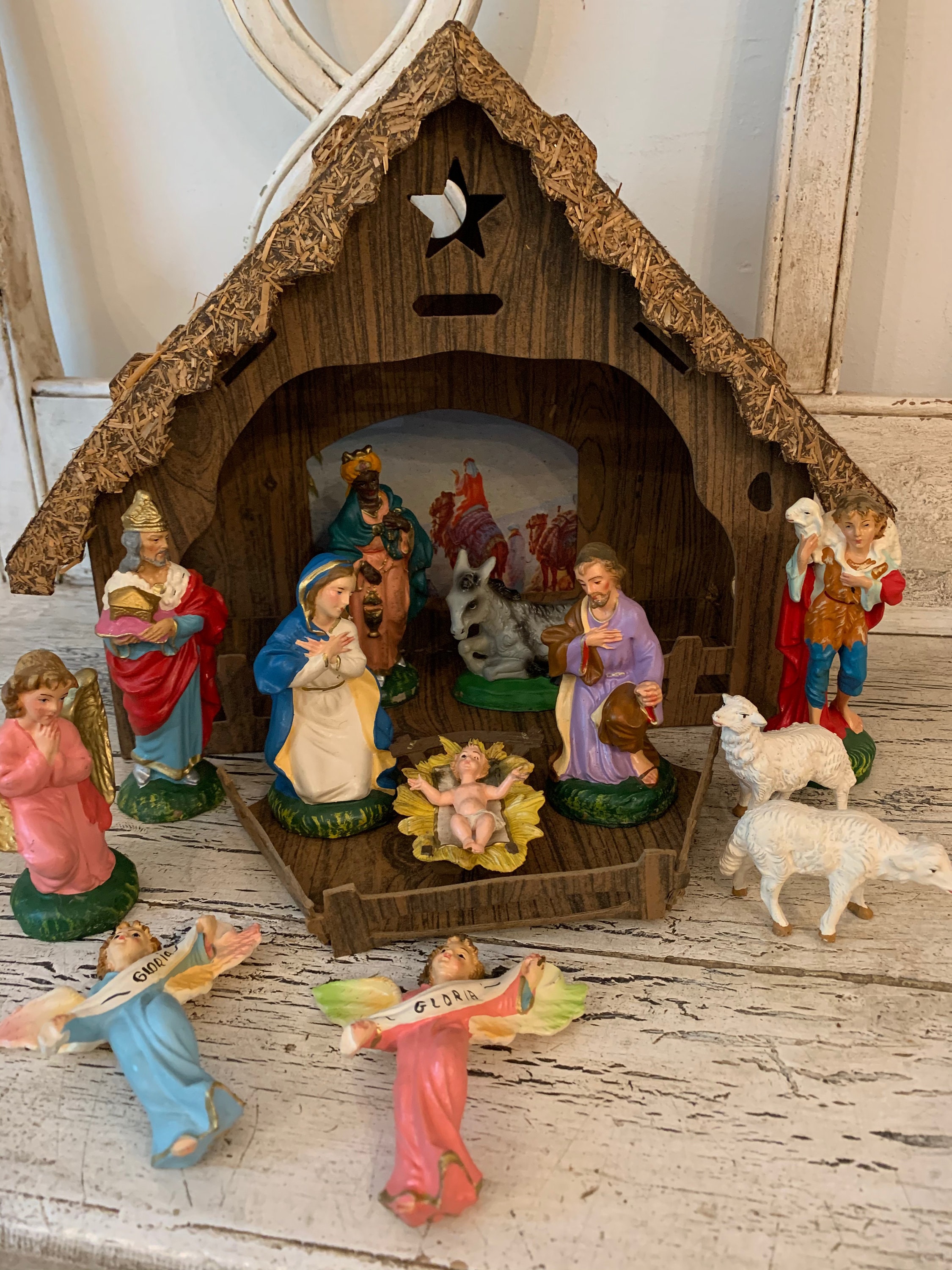 Vintage Nativity Set Fun Cardboard Manger Chalky Pieces Etsy