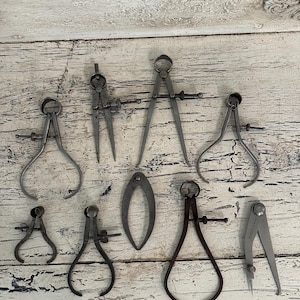 Lot of Vintage Compasses and Calipers - Rustic, Darkened Drafting Tools - Instant Collection
