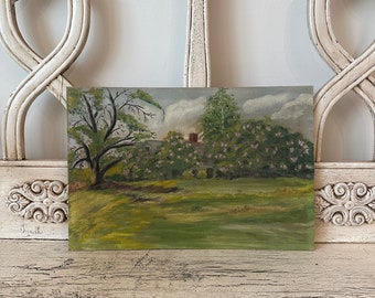 Vintage Landscape Painting - Folk Art Painting - Spring Trees and Field