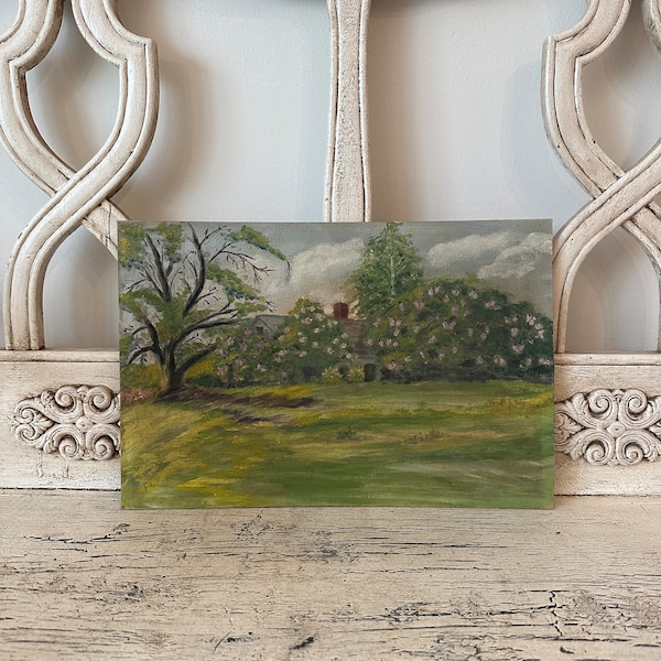 Vintage Landscape Painting - Folk Art Painting - Spring Trees and Field