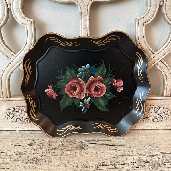 Vintage Tole Tray - Mid Century, Aged, Black Patina - Rustic, Beautiful