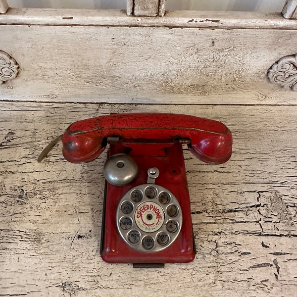 Vintage Children's Play Telephone - Rustic Metal Toy Phone - Fun Red Color - One Bell Missing