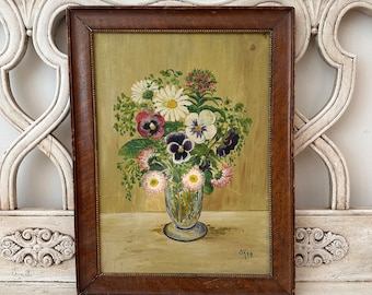 Vintage Floral Painting - Spring Flowers in Vase - 1949 - Folk Art Painting