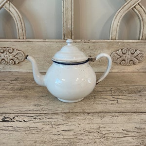 Small Antique White Enamel Teapot -  Farmhouse Decor