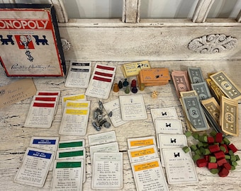 Vintage Monopoly Game - Blue Box, Wooden Houses and Game Pieces - 1940s - No Board