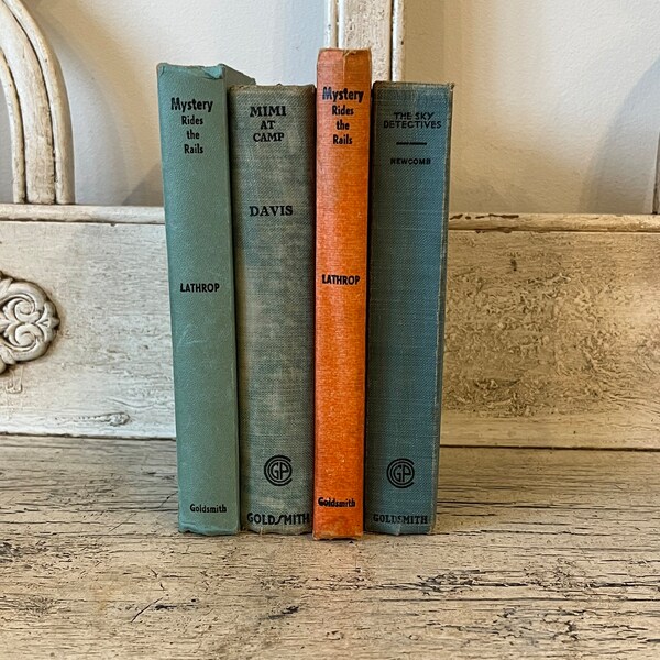 Antique Book Stack - Rustic Home Decor - Library Wedding Book Bundle - Shelf Filler - Blue and Orange Books