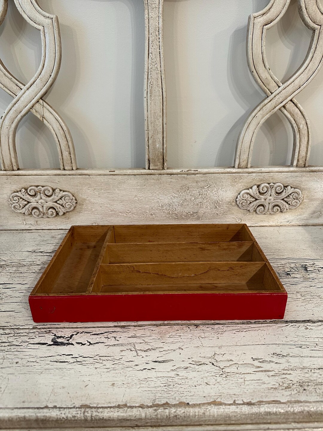 Red Rustic Divided Wooden Tray - Vintage Flatware Silverware Drawer - Etsy