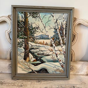 Vintage Winter Landscape Painting - Folk Art Painting - Pretty Winter Birch Tree Scene