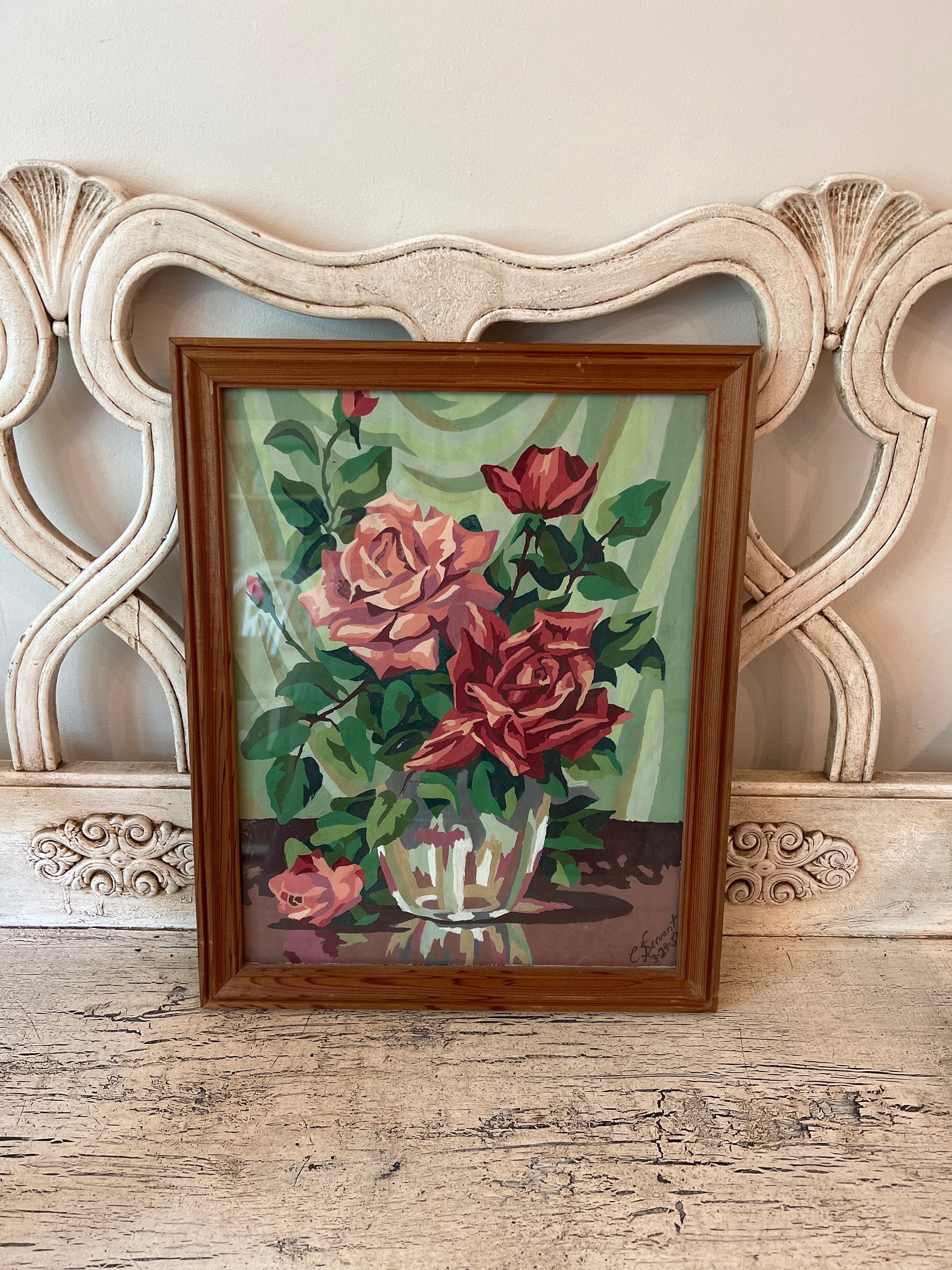Vintage 1950s Rolled Canvas Paint By Number - Pink Rose Bouquet