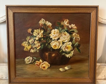 Vintage Floral Painting - Roses Still Life - Oil on Canvas - Signed - Folk Art Painting