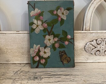 Small, Antique Oil Painting - Distressed - Pretty Blue Dogwood Blossom Floral with Butterfly - Oil on Canvas