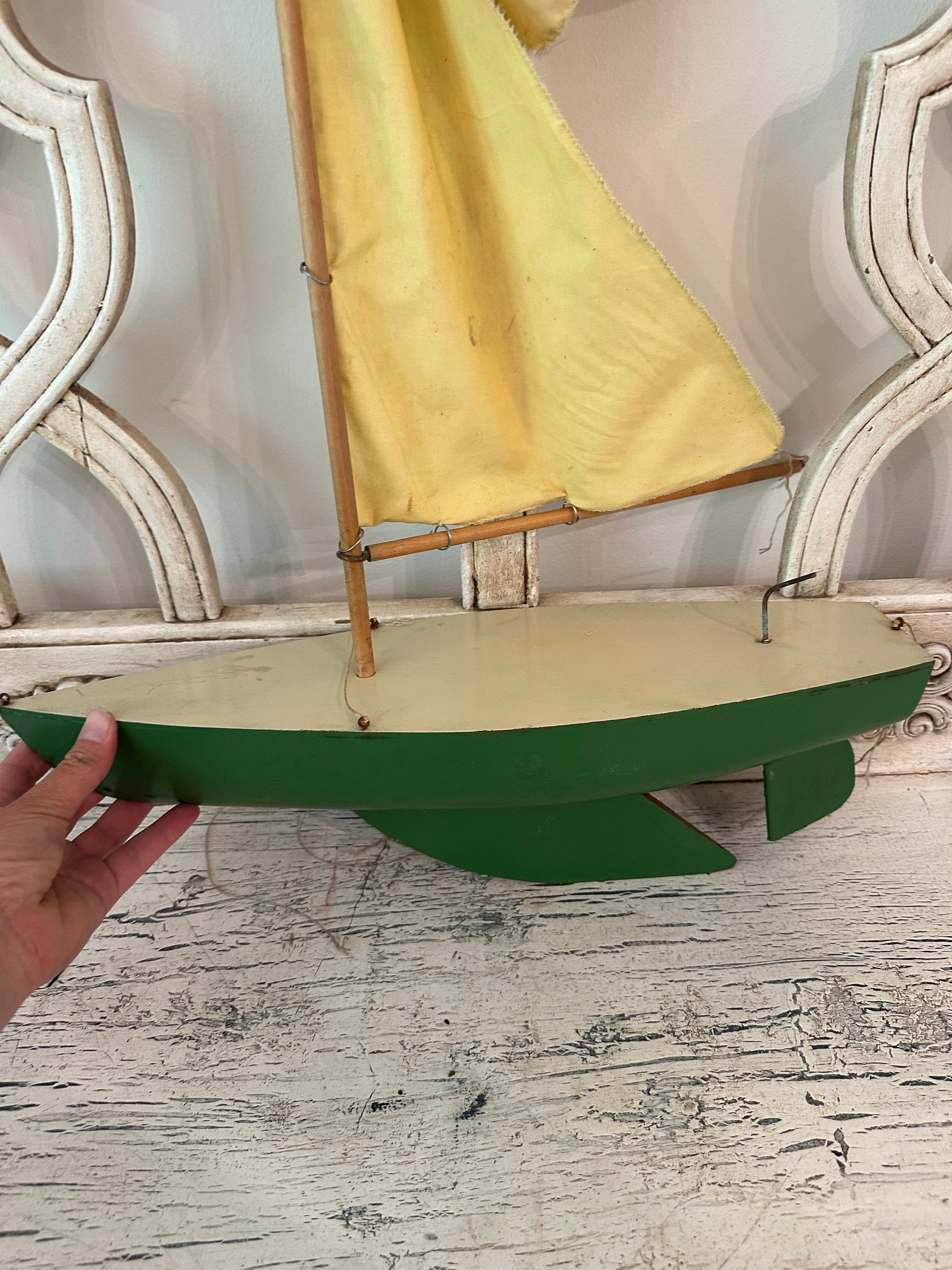 Vintage Toy Boat - Wood and Metal With Fabric Sail - Cabin
