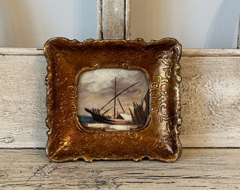 Vintage 1970s Print - Small - Antique Boat in Gold Plastic Frame