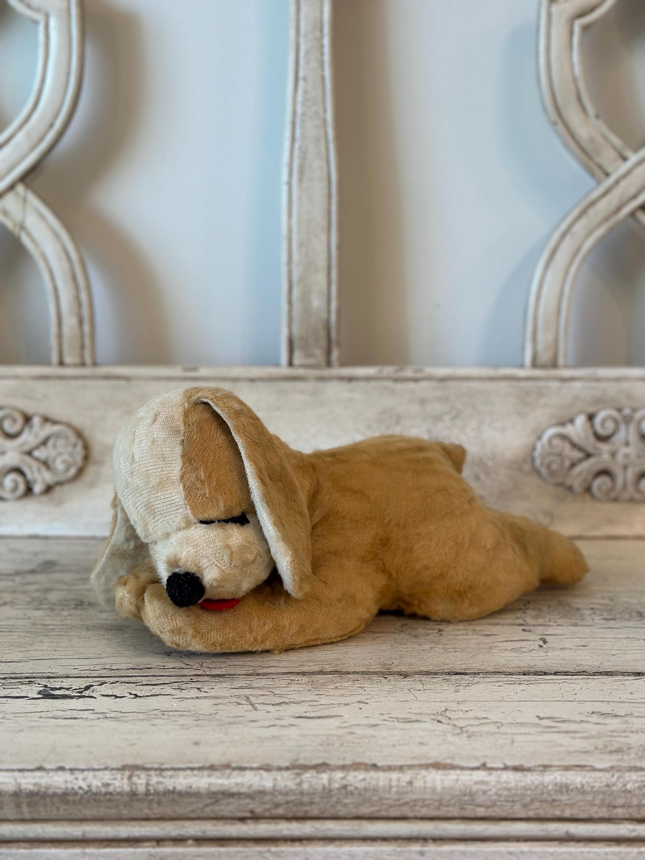 Vintage Dog Stuffed Animal - Weathered and Worn Sleeping Puppy