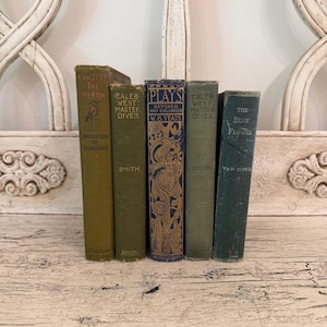 May include: A collection of five vintage hardcover books standing upright. The spines feature various shades of green and blue with gold and black lettering. Titles include Longlegs the Heron, Caleb West Master Diver, Plays by W.B. Yeats, and The Blue Flower.