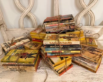 Vintage Paperback Book Set - Cowboy Westerns - 1960s-70s - Fun Retro Covers with Twine