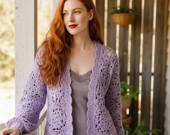 Lavender Crochet Cardigan | Handmade Style Open Front Knit Sweater | Boho Cottagecore Lightweight Cardigan