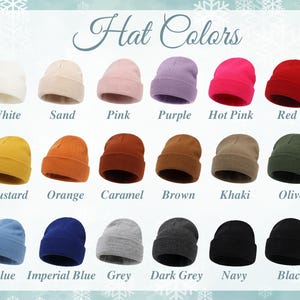 May include: A display of beanie hats in various colors, including white, sand, pink, purple, hot pink, and red. Additional colors are mustard, orange, caramel, brown, khaki, olive, blue, imperial blue, grey, dark grey, navy, and black. The text "Hat Colors" is at the top.
