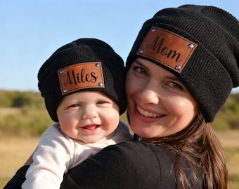 Personalized Knit Baby Beanie: Custom Name Leather Patch Winter Hat