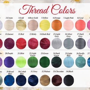 May include: A color chart titled "Thread Colors" displays 34 thread color options. The chart includes a range of colors, from white and cream to black, with shades of gold, pink, blue, green, and red. Each color is numbered and labeled.