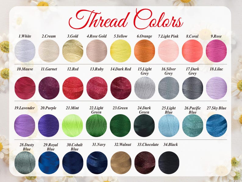 May include: A color chart titled "Thread Colors" displays 34 thread color options. The chart includes a range of colors, from white and cream to black, with shades of gold, pink, blue, green, and red. Each color is numbered and labeled.